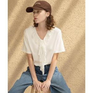 tシャツ 半袖 Vネックフリルレースカラープルオーバー レディース