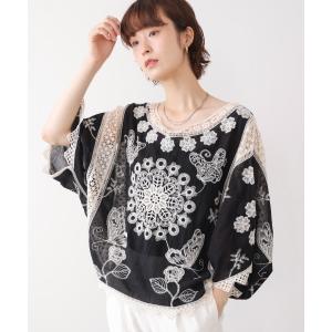 リネンシャツ ブラウス シャツ バイカラーエンブロイダリーブラウス レディース