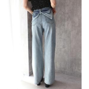 ジーンズ デニム デニムパンツ バックリボンラインストーンフレアデニムパンツ レディース