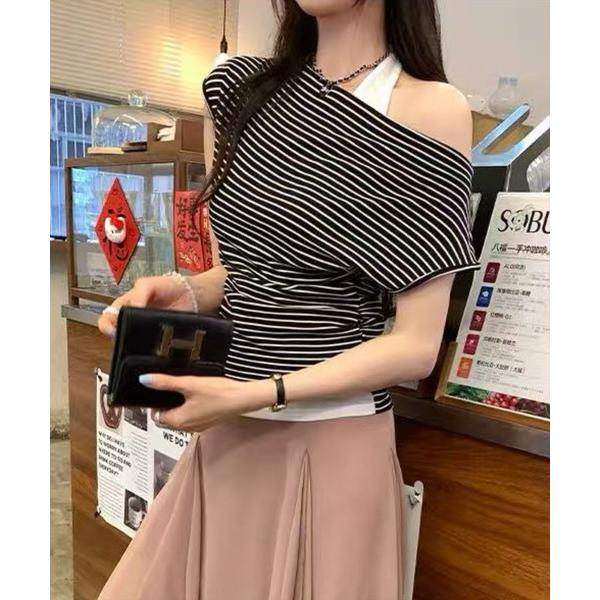 tシャツ 「WEB限定」ホルターネックボーダーカットソー「骨格ウェーブ／フェミニン／大人可愛い／きれ...