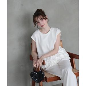 tシャツ 裾FLOWERチュールTee (フレンチ袖) レディース