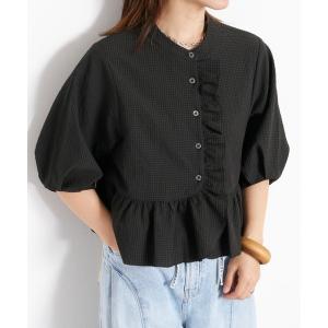 ブラウス シャツ 夏 半袖 「セットアップ対応」速乾・涼感 リサイクルポリサッカーバンドカラーペプラムブラウス レディース