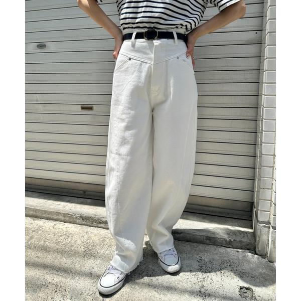 ワイドパンツ ジーンズ デニム デニムパンツ ウエスト切り替え入り バレルレッグデニム裾切りっぱなし...