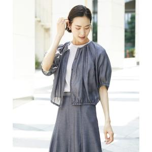ブラウス シャツ 夏 半袖 「セットアップ対応」デニムライク ギャザーブラウス レディース