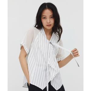 ブラウス シャツ 夏 半袖 「残りわずか！」シアースリーブラッフルシャツ｜夏服/細見え/ウォッシャブル/透け感/ボウタイ/オフィスカジュアル レディース