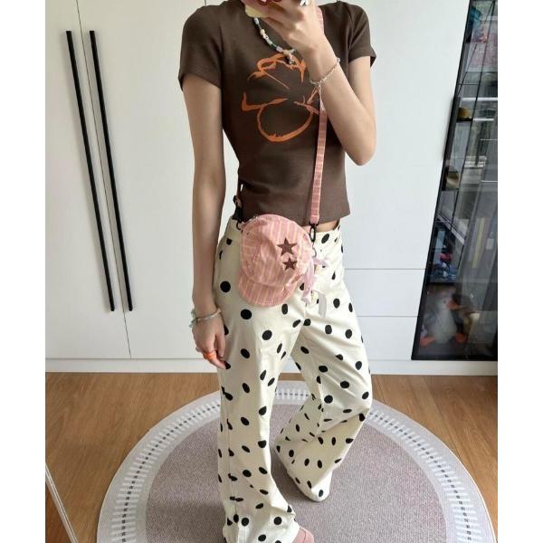 パンツ 軽量素材 ドット柄 ワイドフレアパンツ レディース