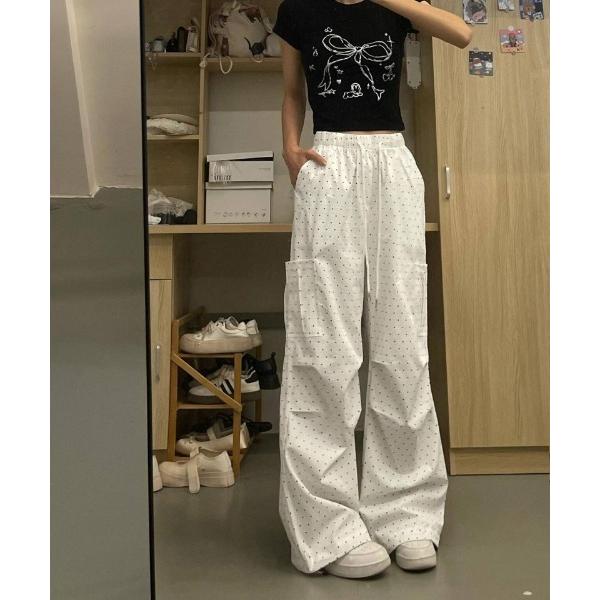 ワイドパンツ パンツ ドット柄　ウエストゴムカーゴワイドパンツ レディース