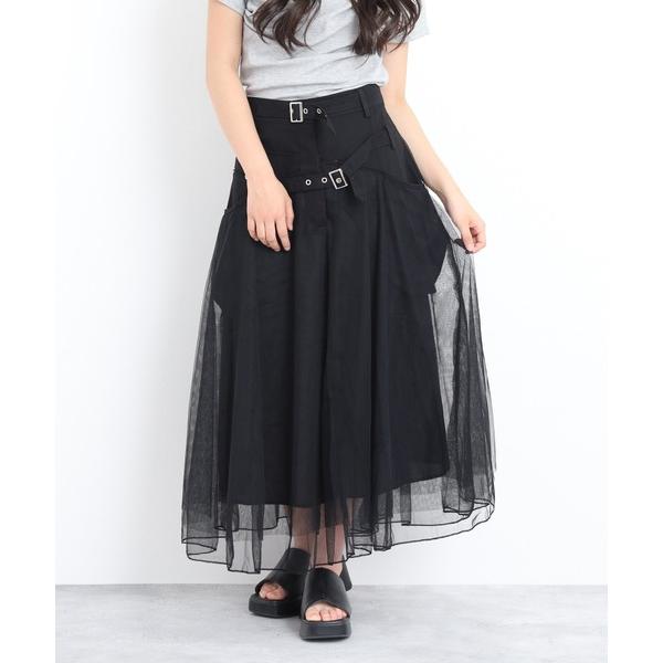 ロング スカート 夏 ベルト付シアーオーガンジー切替ロングフレアスカート