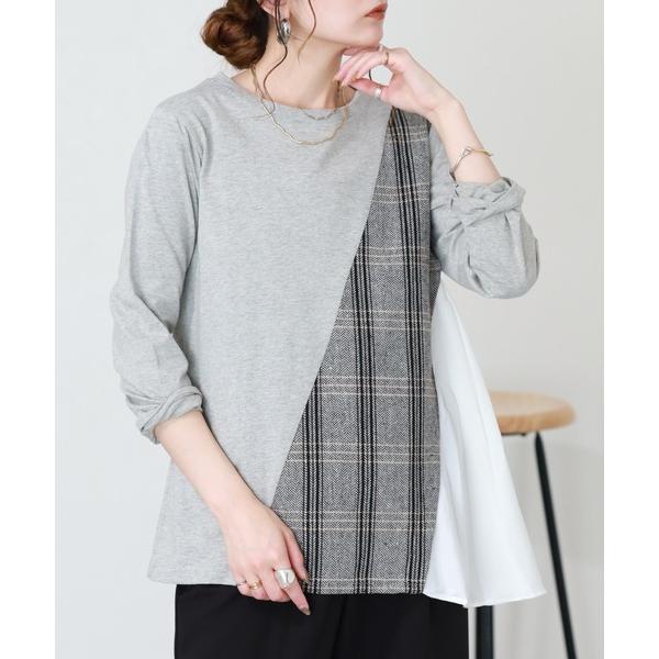 tシャツ チェック柄アシンメトリープリーツ切替長袖カットソー レディース