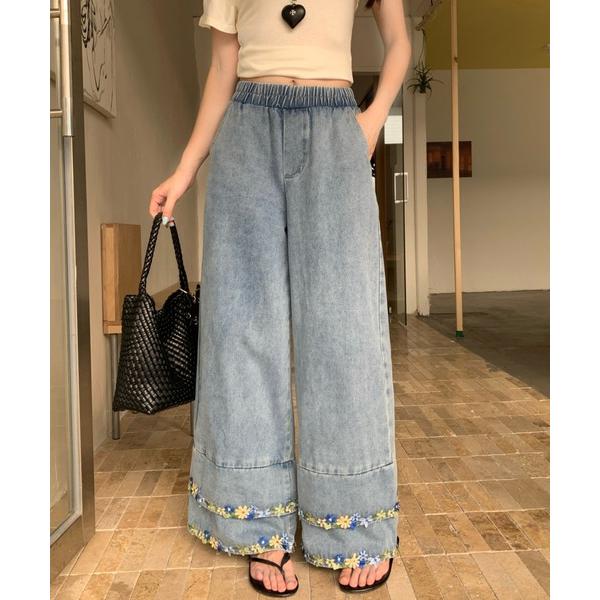 ワイドパンツ パンツ レース切替 デニム ワイドパンツ レディース
