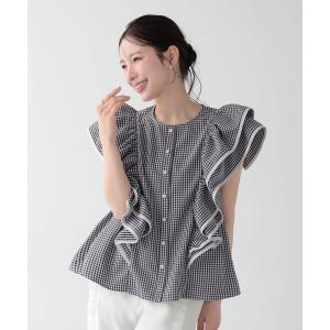 ブラウス シャツ 夏 ギンガムバイカラーフレアートップス レディース