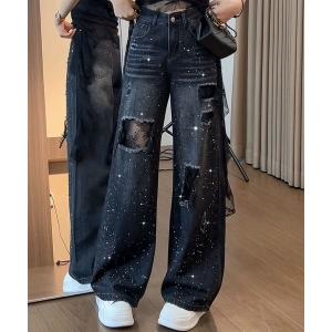 ワイドパンツ ジーンズ デニム デニムパンツ ストーンレースダメージデニムワイドパンツ レディース