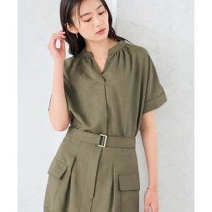 ブラウス シャツ 半袖 「洗える」リネンライクスキッパーギャザーブラウス レディース