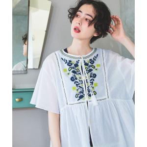 ブラウス シャツ 夏 半袖 インド刺繍フレアブラウス レディース