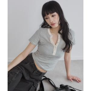 tシャツ 半袖 ヘンリーVネックボーダートップス レディース