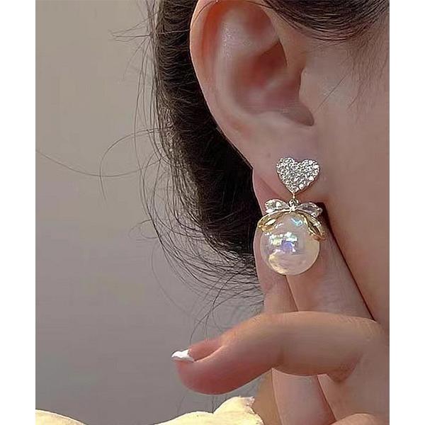ピアス ハートリボン＆パール風ピアス/両耳用//レディース(T3) レディース