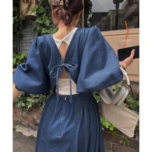 ワンピース back open switching bicolor stitch denim OP