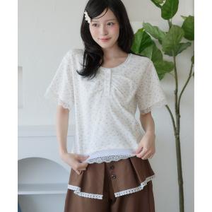 ヘンリーネック tシャツ 半袖 レイヤード風レースヘンリーネックTシャツ レディース