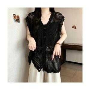 ベスト ジレ Vネックかぎ編み透かし編みフラワー刺繍ノースリーブ