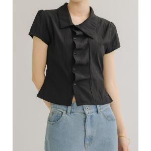 ブラウス シャツ 半袖 「シンプルなのに華やか見え」フロントタックコンパクトシャツ レディース
