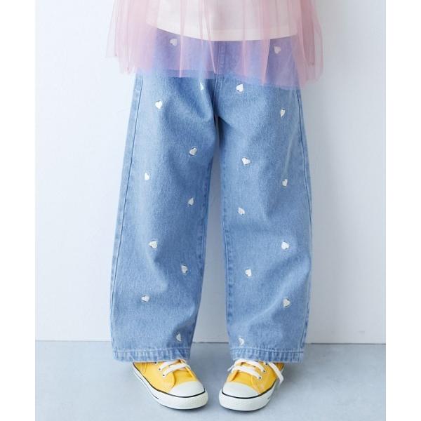 ワイドパンツ パンツ 360度かわいい ハートと花がえらべる 全面 刺繍 デニム ワイドパンツ キッ...