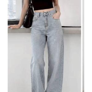 ワイドパンツ ジーンズ デニム デニムパンツ ビジュー付きハイウエストデニムストレートパンツ レディース