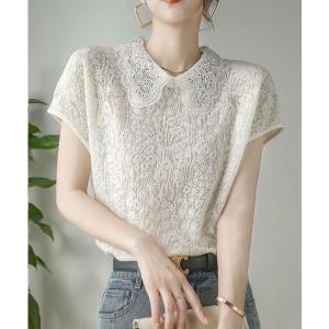 tシャツ 襟付きフレンチスリーブレースカットソー レディース