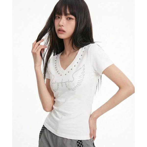 tシャツ 半袖 「.KOM/ドットケーオーエム」スタッズネックライン羽 TEE「GC」 レディース ...