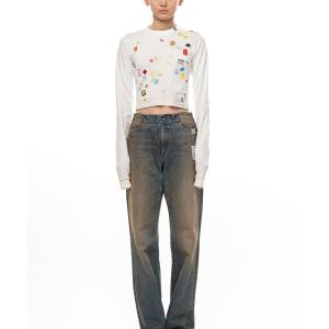tシャツ Price Tag Sticker Printed Cropped Long Sleeve T-shirt レディース