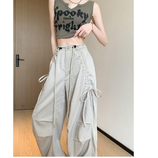 パンツ サイド紐デザイン ルーズワイドカーゴパンツ レディース