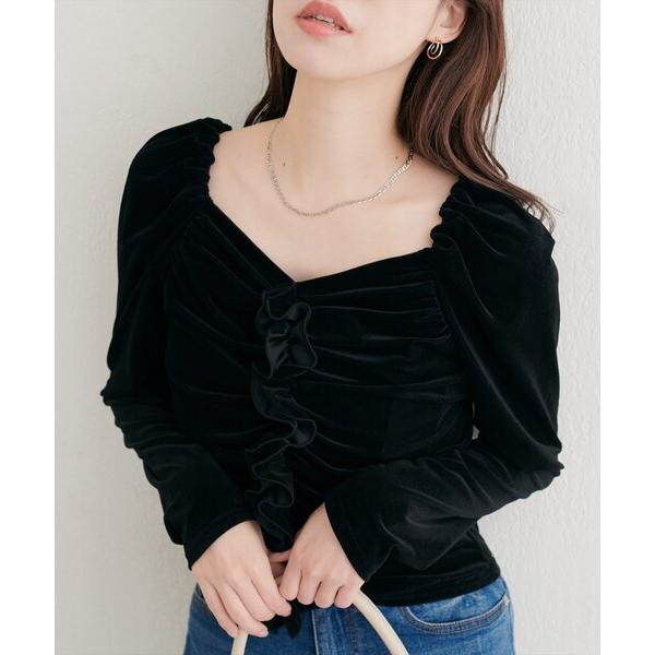 tシャツ ギャザーフリルベロアトップス レディース