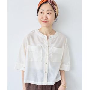 ブラウス シャツ 夏 シアーサテンバンドカラーコンパクトシャツ レディース