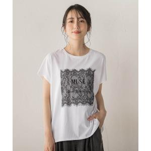tシャツ 半袖 レースたたき付けプリントTシャツ レディース