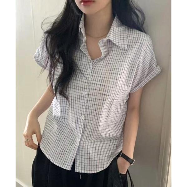 ブラウス シャツ 半袖 Roll up check shirt レディース