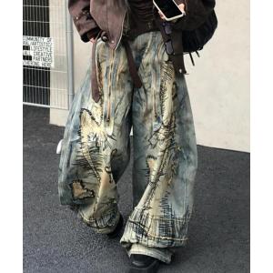 ジーンズ 「Bls」「Bling Leads」ダメージ加工プリントバレルレッグデニムパンツ(BL) メンズ レディース