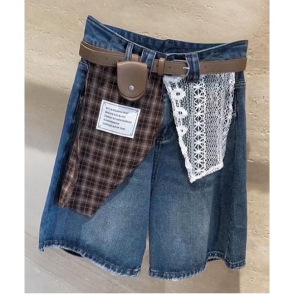 ハーフパンツ ジーンズ デニム デニムパンツ 短パン チェック×レースパッチワークデニムハーフパンツ...