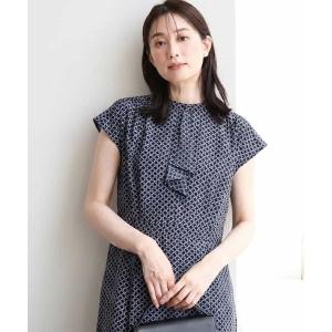 ワンピース 半袖 幾何柄ボウタイ風フレアワンピース/UVカット/洗濯機で洗える/WEB限定サイズあり
