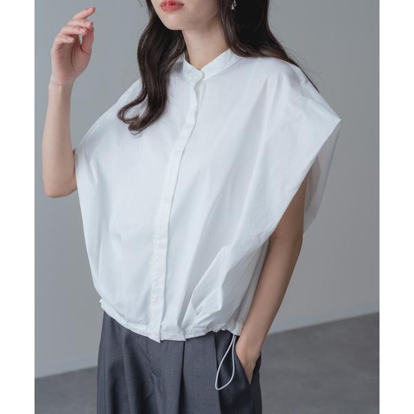 ブラウス シャツ 半袖 「refinedworks」旬顔シルエット! バンドカラー 裾ドロスト 立体...
