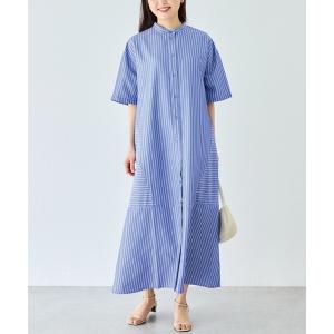 シャツワンピース ストライプ切替バンドカラーシャツワンピース｜一枚で着映える/上品な夏スタイル/ロング丈/前開き/半袖/ポケット付き/体型カバー