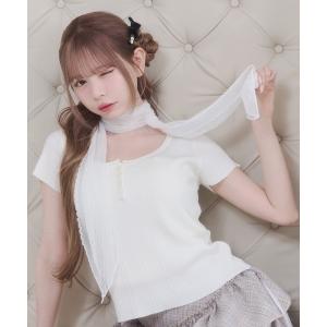 ヘンリーネック tシャツ 半袖 レース ストール付き ヘンリーネック リブトップス (夏服) レディース