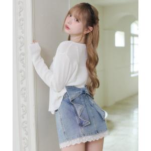 スカート 夏 バッグリボン 裾レース デニムミニスカート(スカパン付き）