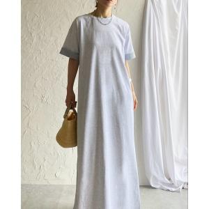 ワンピース 半袖 半袖 バイカラー配色 袖ロールアップ ロング丈Tシャツワンピース
