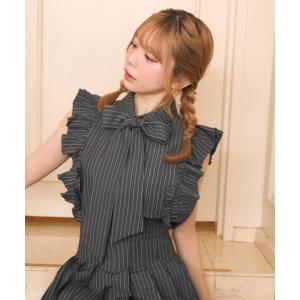 ブラウス シャツ 夏 フロントリボンフリルストライプシャツ レディース