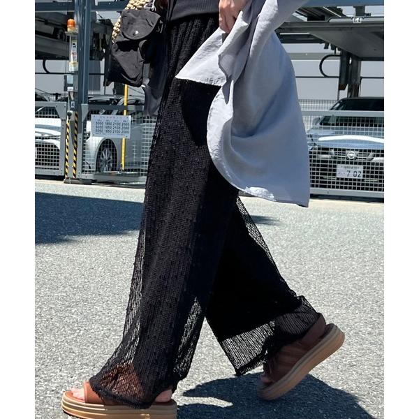 ワイドパンツ パンツ スパンコール付メッシュパンツ レディース