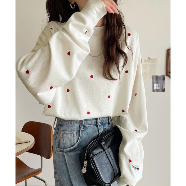 「Java」 長袖カットソー MEDIUM ホワイト×レッド レディース