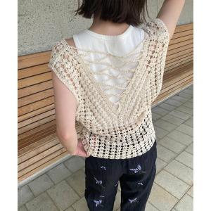 ベスト ジレ クロシェニットベスト(kiharu) / バックデザイン サマーニット ボヘミアン ロング丈 クロシェニット タンクトップ レイヤード 重ね着