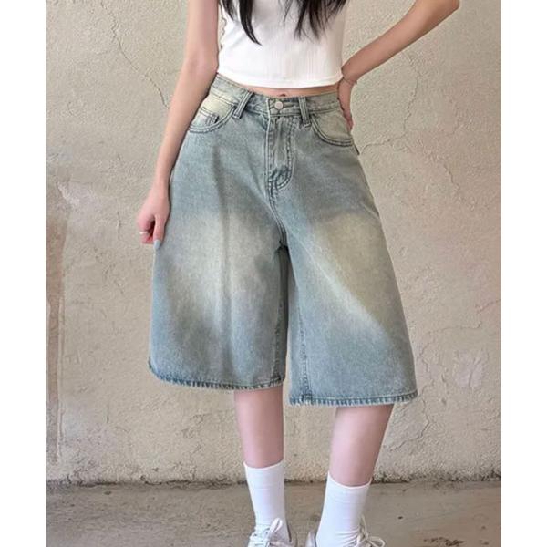 ワイドパンツ ハーフパンツ ジーンズ デニム デニムパンツ 短パン バックベルトワイドデニムバミュー...