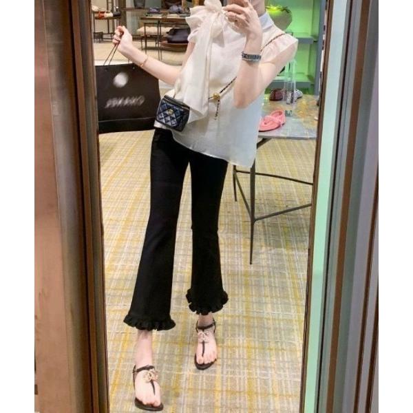パンツ 裾フリル 7 分丈クロップフレアパンツ レディース