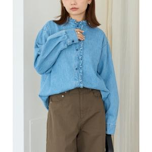 ブラウス シャツ 夏 スタンドフリルデニムブラウス｜綿100％/甘すぎないフリル/デニムシャツ レディース