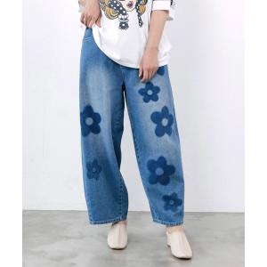 ワイドパンツ ジーンズ デニム デニムパンツ ScoLar(スカラー) フラワー柄 ブリーチ加工デニムパンツ レディース